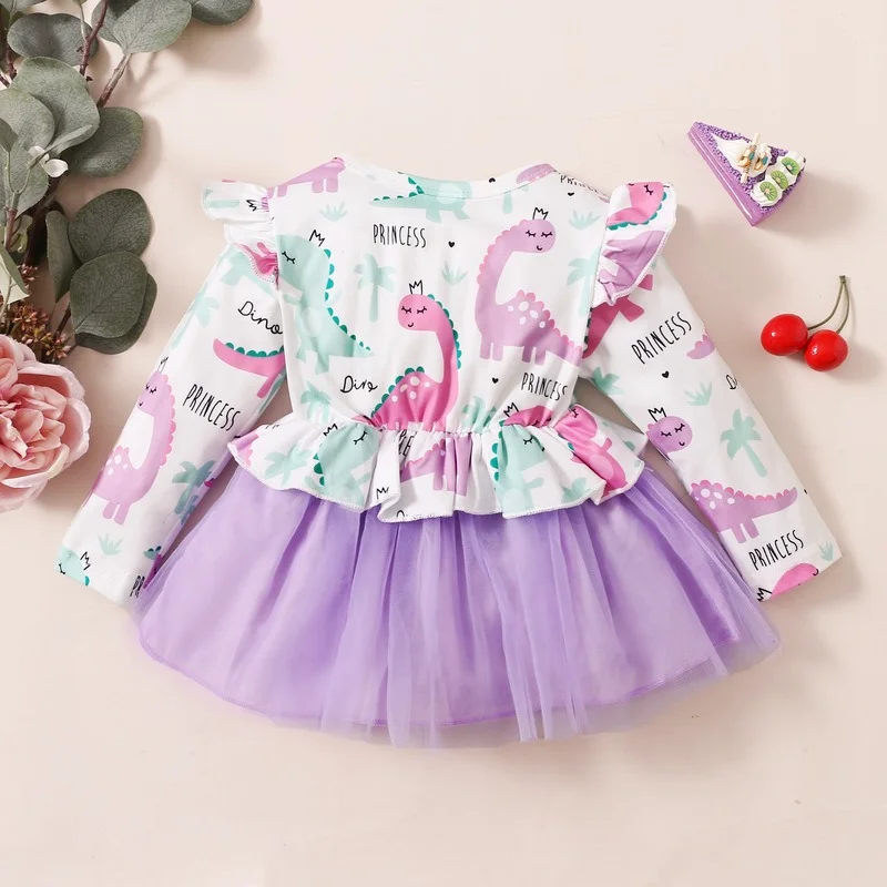 Милое платье с длинным рукавом для маленьких девочек мультяшным принтом