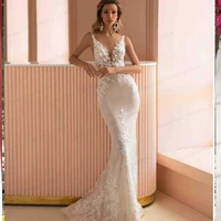 new mermaid wedding dress v neck sexy sleeveless backelss custom made robe de mariage sweep trian romoveable train ivory