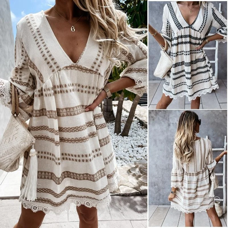 

Summer Sexy V-neck Mini Womens Dress Fashion Patchwork Lace Short Skirt Casual Loose Flare Sleeve Beach Dress