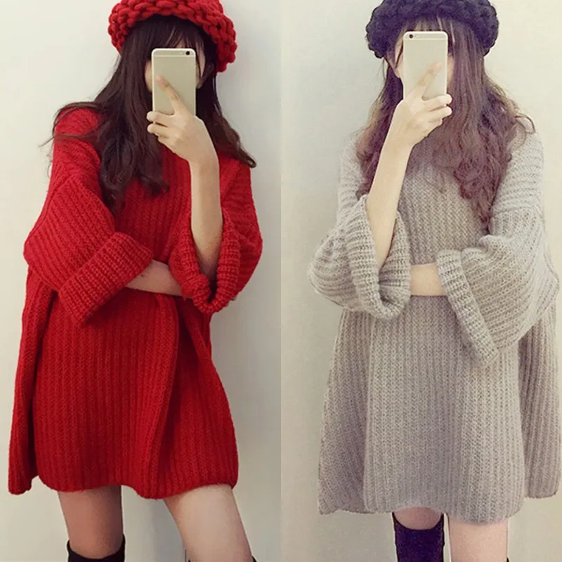 Women Autumn Winter Pullover sweater Solid Color Bat Sleeved Round Collar Loose Bottom Sweet femele clothes | Женская одежда