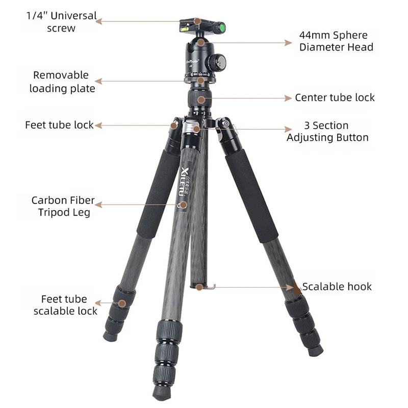 XILETU L334CJ2 Профессиональный штатив тренога из углеволокна монопод стенд с шаровой