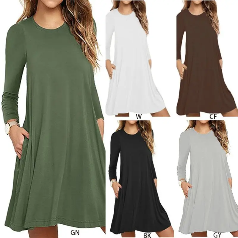 

Womens Autumn Long Sleeve Round Neck Plain T-Shirt Dress Solid Color Pleated Swing Casual Loose Pullover Streetwear with BX0A