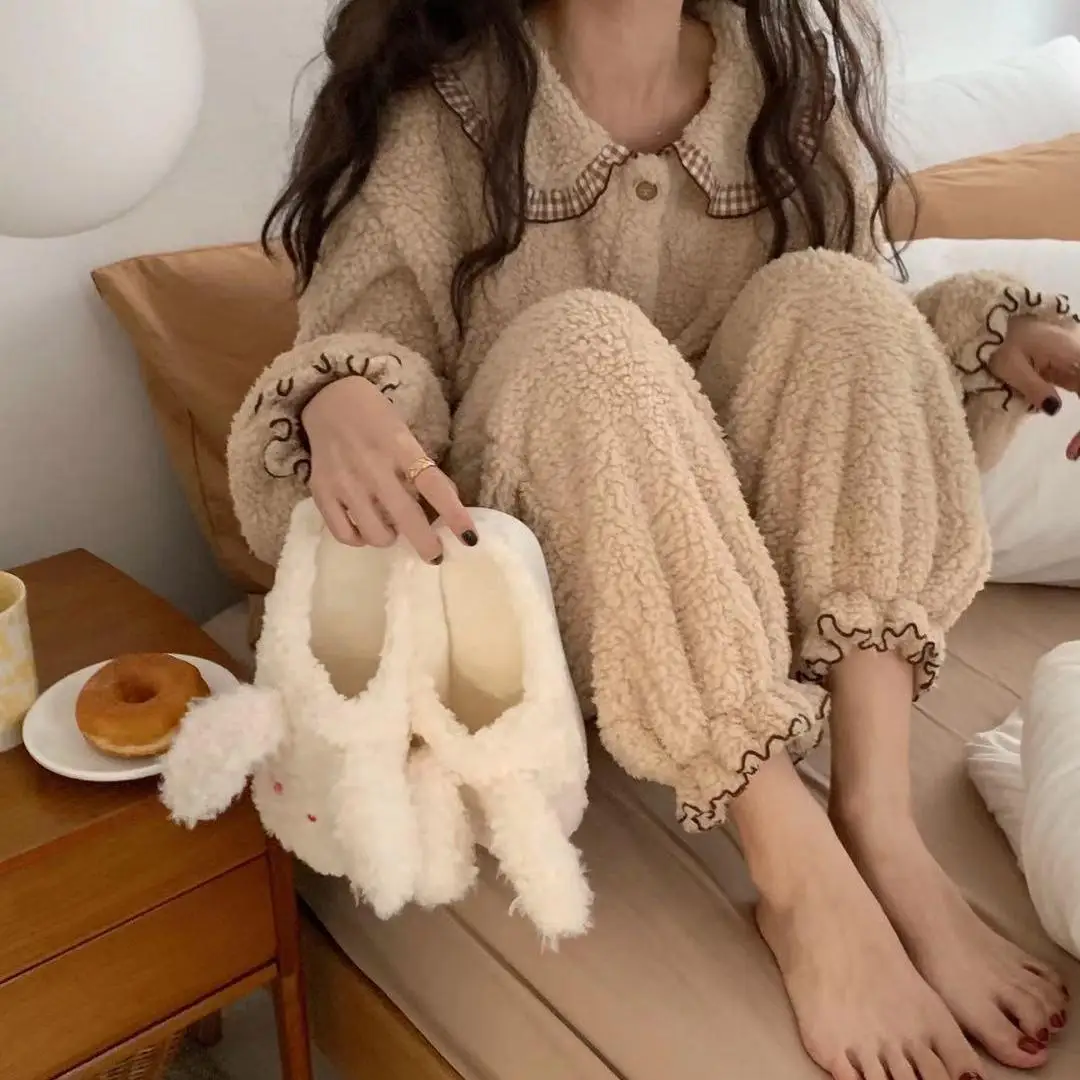 Autumn and Winter New Plaid Pajamas Women's Winter Thickening Can Wear Lovely Kawaii Long Sleeve Home Clothes Suit