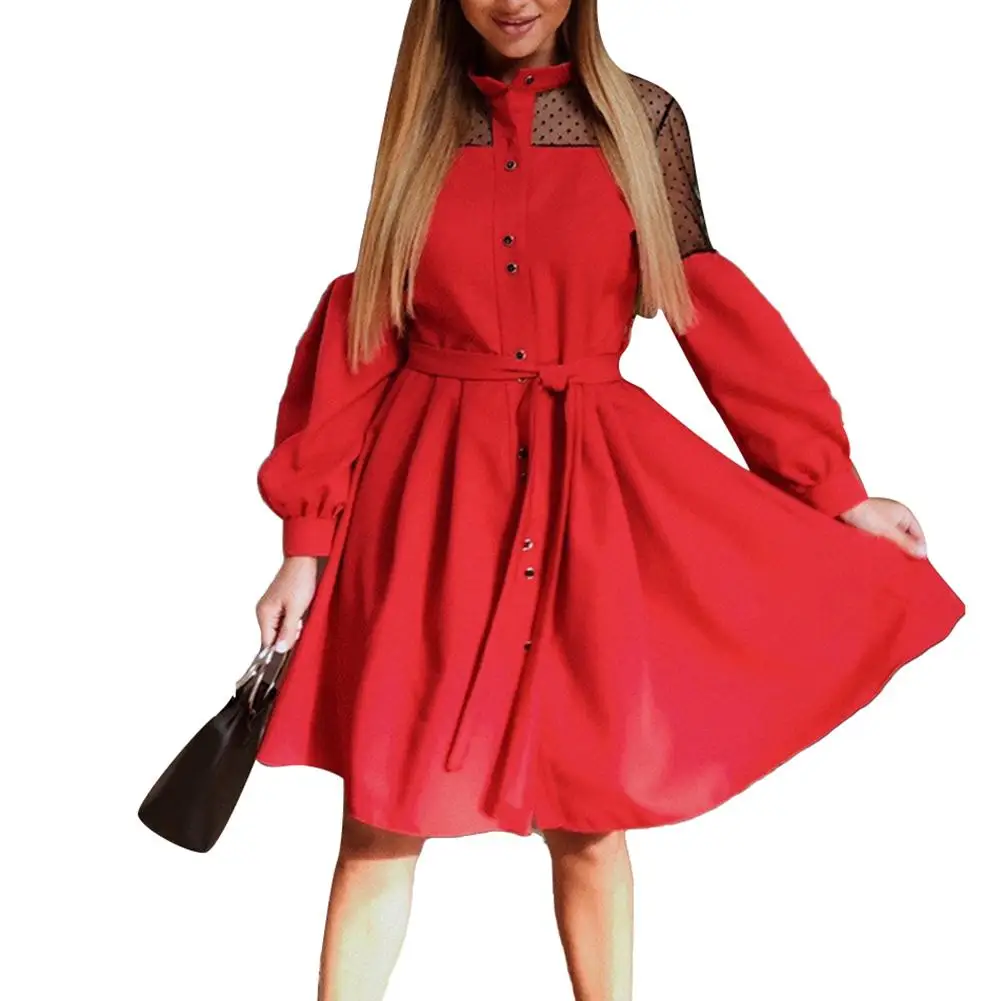 

Hot Women Puff Sleeve Lace Stitching Single-breasted Waist Belt Large Swing Dress Single-breasted Waist Belt Large Swing Dress