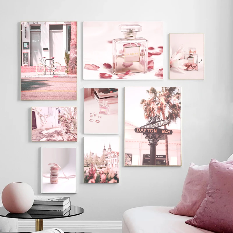 

Pink Nordic Poster Picture Modern Fashion Perfume Flower City Scenery Wall Art Canvas Print Home Decor Painting For Living Room