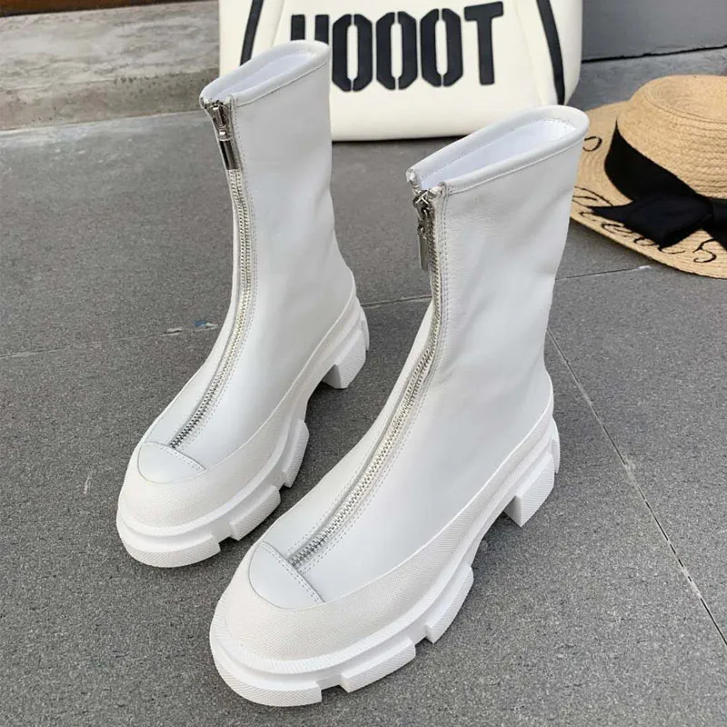 

New Style Fashion Genuine Leather Front Zipper Women Platform Motorcycle Boots Round Toe Thick Bottom Waterproof Ankle Boots