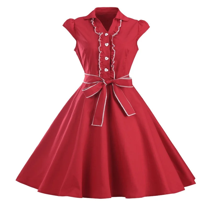 Burgundy Tonval, женское платье в стиле Хепберн, 1950 S, на пуговицах, с рюшами, винтажное, v-образный вырез, летнее, с рукавом-крылышком, Ретро стиль, элегантное, с поясом, платья - Цвет: Burgundy