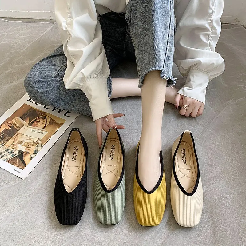 

2021 New Cotton Fabric Flats Shoes Women Yellow Ballerina Socks Shoes Women Loafers Slip on Flat Heel Mule Shoes Plus Size 35-43