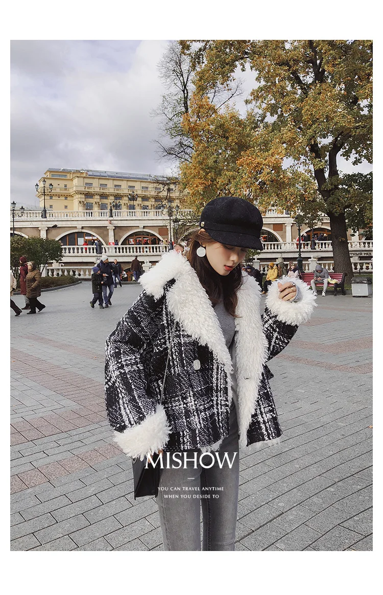 Mishow Зимние Короткие Шерстяные Пальто Женщин Плед Свободные Пальто С Длинным рукавом Большой Меховой Воротник Толстая Шерстяная Куртка Пальто MX18D8211