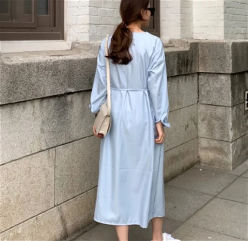 Женское богемное Платье макси с длинным рукавом синее повседневное тонкое