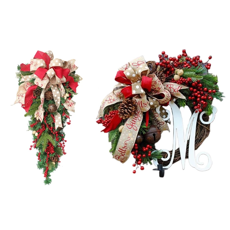 

Christmas Fake Red Berries Bowknot Bells Wreath with Pinecones Artifical Leaves Simulation Garland Front Door Decoration