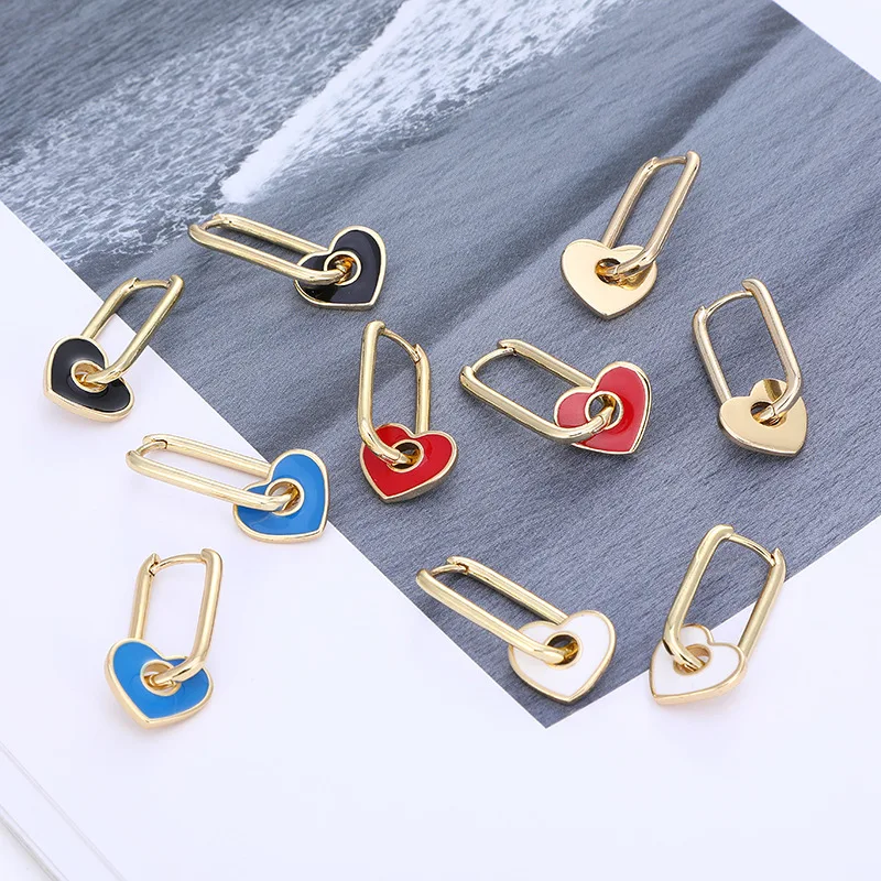 

2021 New Simplicity Hip Hop Copper Gold-Plated Sweet Dripping Oil Heart-Shaped Pendant Long Earrings Fashion Woman Earrings