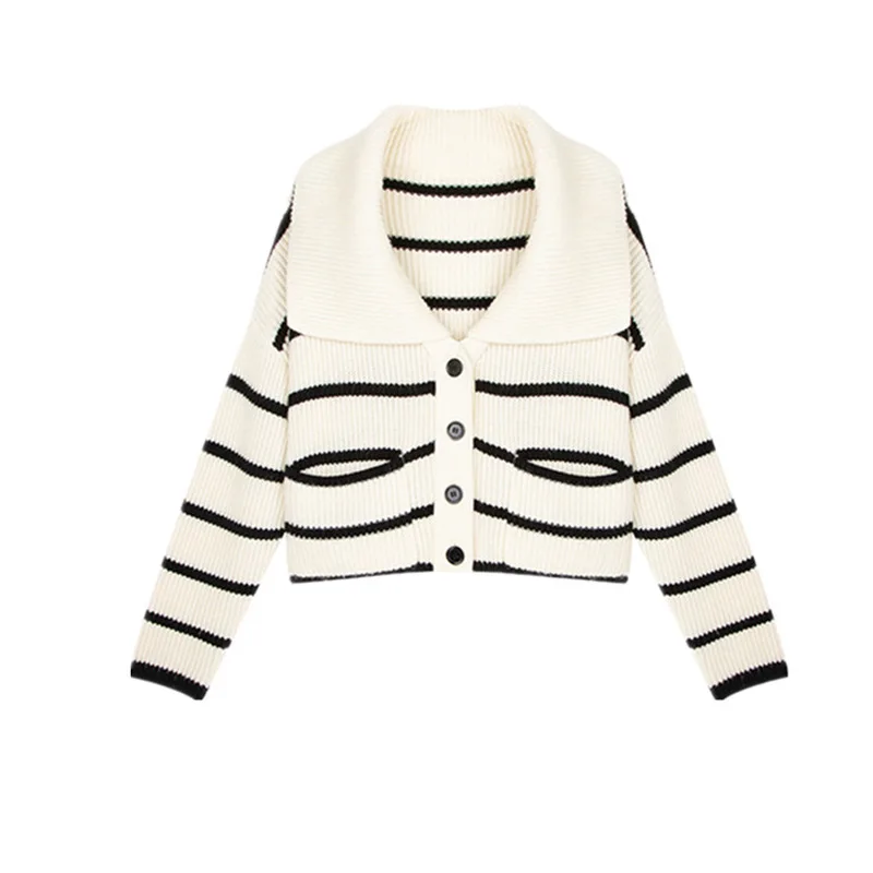 

Striped Knit Cardigan Sweater Women's Fall 2021 Jacket Sweater Loose Peter Pan Collar Cardigan Sweet Student Knitted Top Jacket