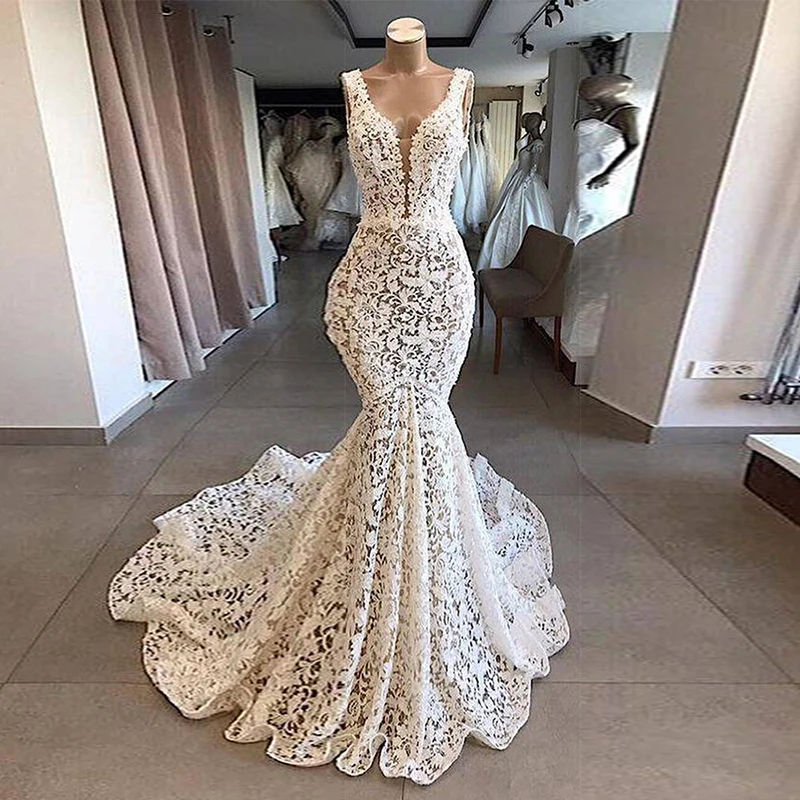 Женское свадебное платье с юбкой-годе кружевное невесты без рукавов сексуальное