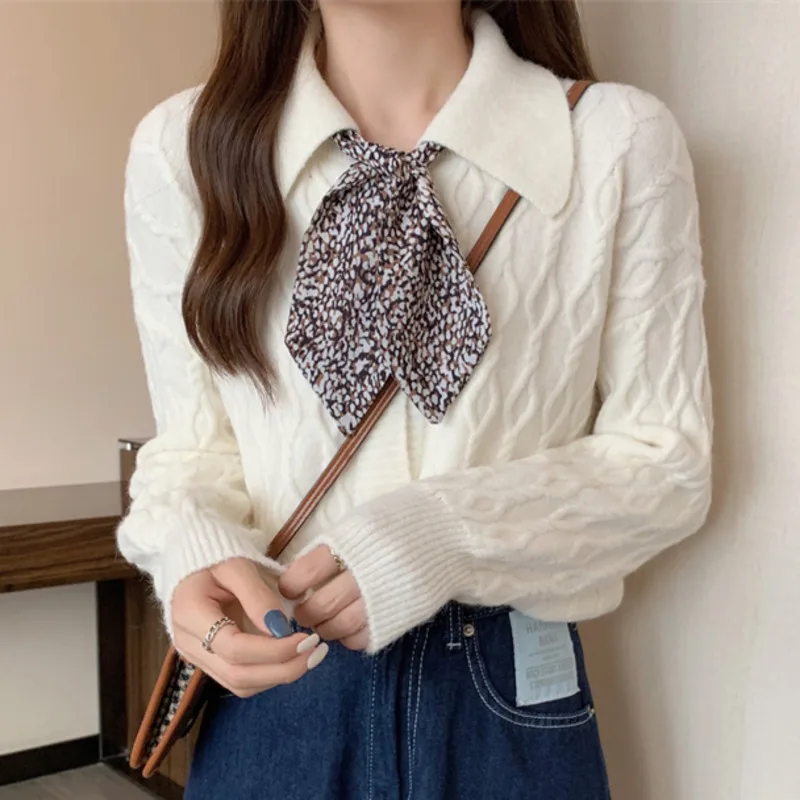 

Sweater women's spring and autumn wear 2021 new lazy wind short gentle wind doll collar long sleeved top