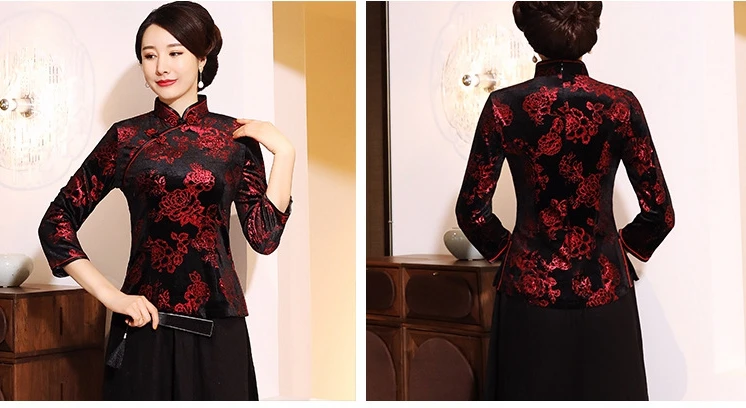 Китайский традиционный стиль осень зима бархат cheongsam женский короткий параграф семь точек рукав принт Тан костюм рубашка