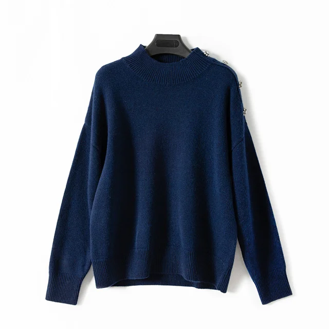 

Turtleneck Knit Sweater Women's Long Sleeve Shloulder Rhinestone Buttons 2020 Autumn New Knit Pullover Tops