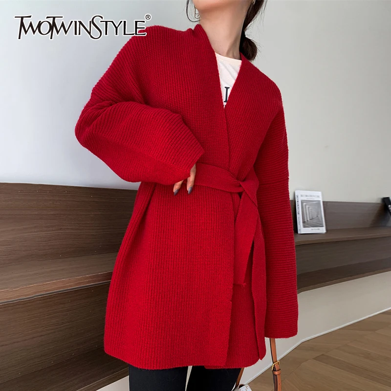 

TWOTWINSTYLE Casual Lace Up Slim Solid Cardigan Female V Neck Long Sleeve Fashion Temperament Sweater For Women Autumn Style New