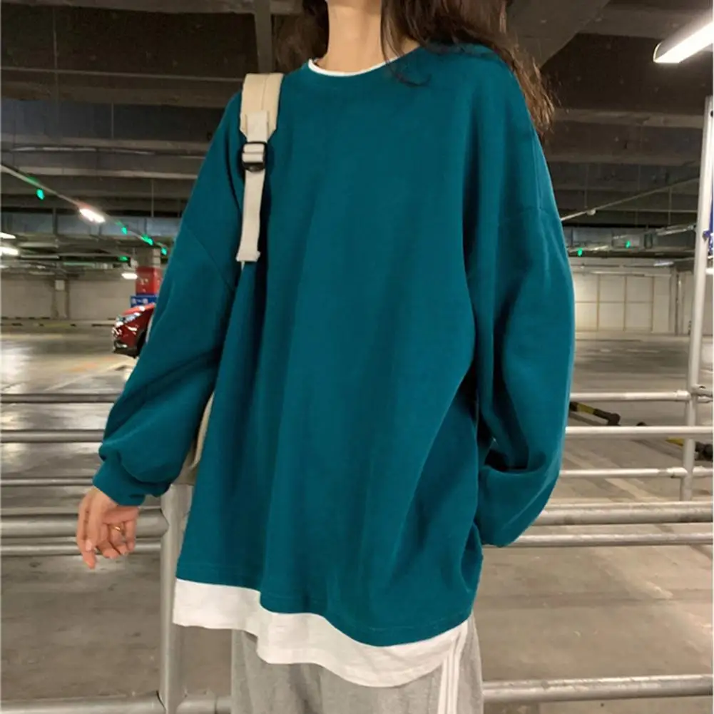 Autumn Fake Two Piece Hoodies Women Long Sleeve O Neck Sweatshirt Pullovers Oversized Women Sweatshirt Loose Hoodies Pullover