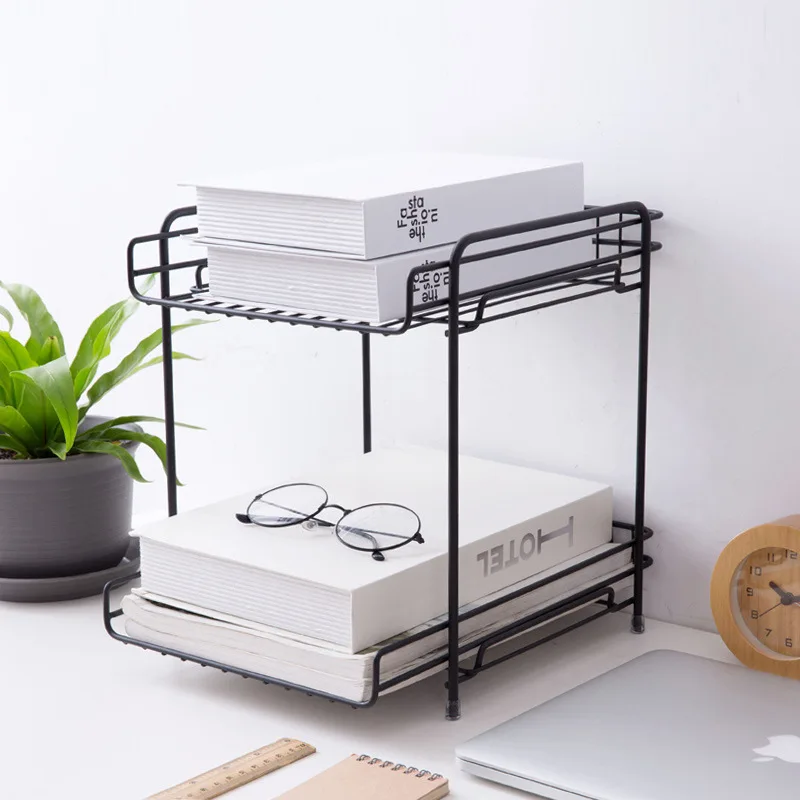 

Double wrought iron storage rack desktop storage rack Office desk rack tiered floor storage