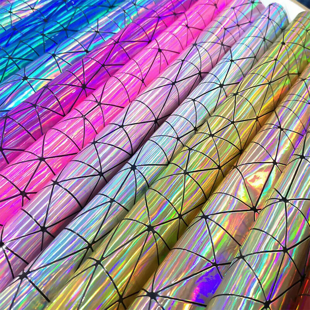 

Laser Hologram Iridescent Geometric PU Faux Leather Fabric Synthetic Bag Bow Craft Doll DIY Jewelry Clothing Sewing Material