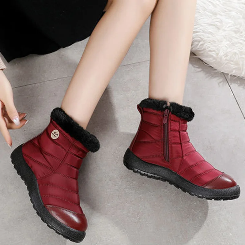 

Red Women Snow Boots Daily Winter Casual Women's Ankle Booties Plush Furry Warm Waterproof Comfortable Side Zipper 2021 New