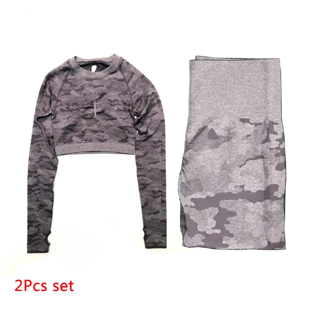 Purple 2 Pcs set 3 шт., камуфляжный бесшовный комплект для йоги, леггинсы с высокой талией, спортивный бюстгальтер с длинным рукавом, укороченный Топ для женщин, одежда для бега, спортивный костюм для фитнеса - Цвет: Purple 2 Pcs set