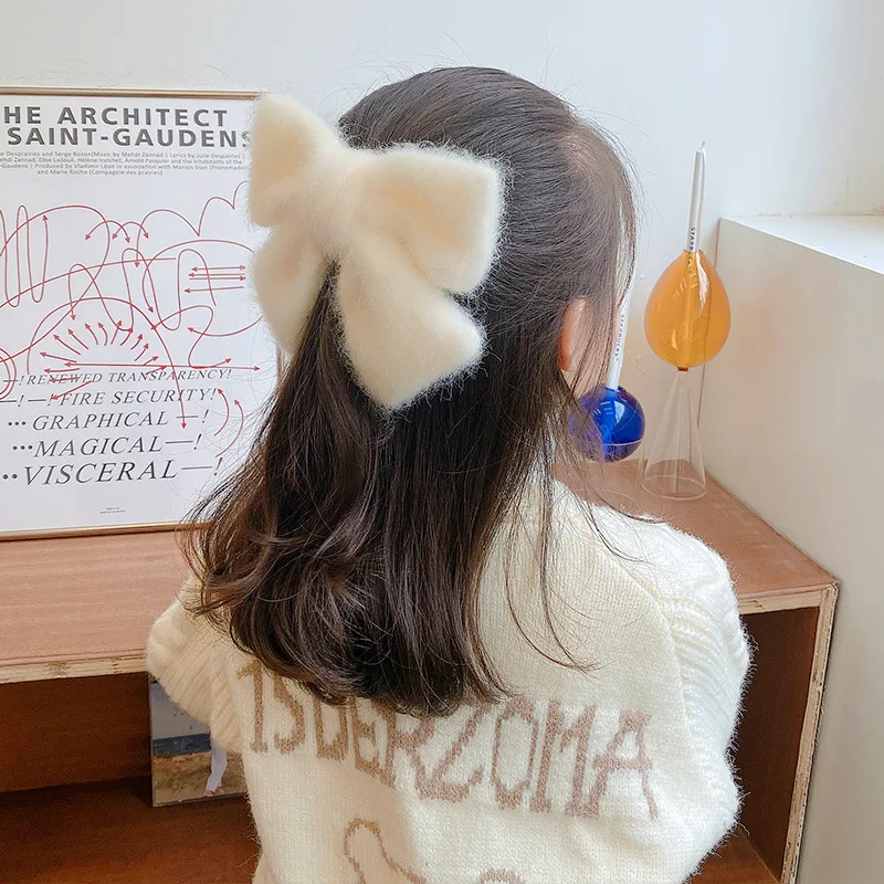 

Заколка для волос женская, однотонная, зимняя, теплая, с большим бантом, плюшевая повязка для волос, 2020