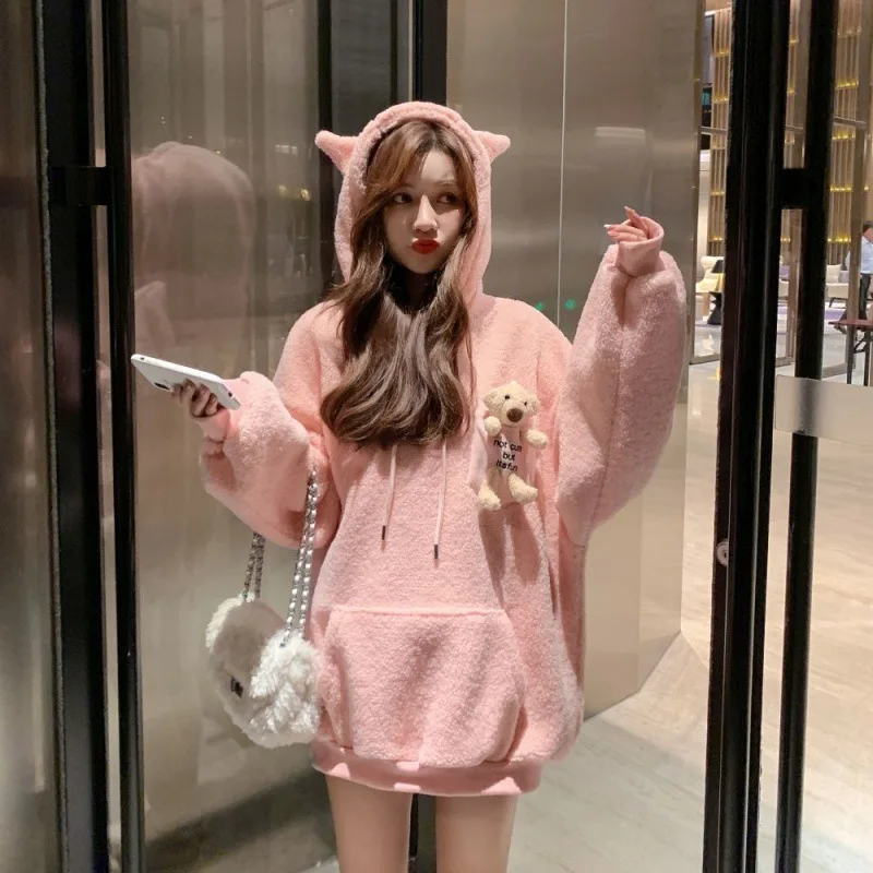 

Thickened Autumn Winter Bear Sweatshirt Korea Style Girls Hoodies Loose Pink Mid-length Hooded Pullover Oversized Sweatshirt