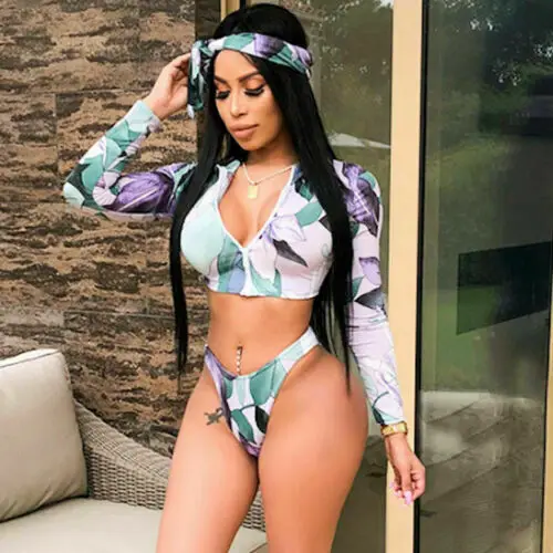 

2020 Women 2Pcs Bikini Set Long Sleeve Bikini Set Surfing Clothes Bandage Swimsuit Beachwear Printed Bathing Suit Brazilian