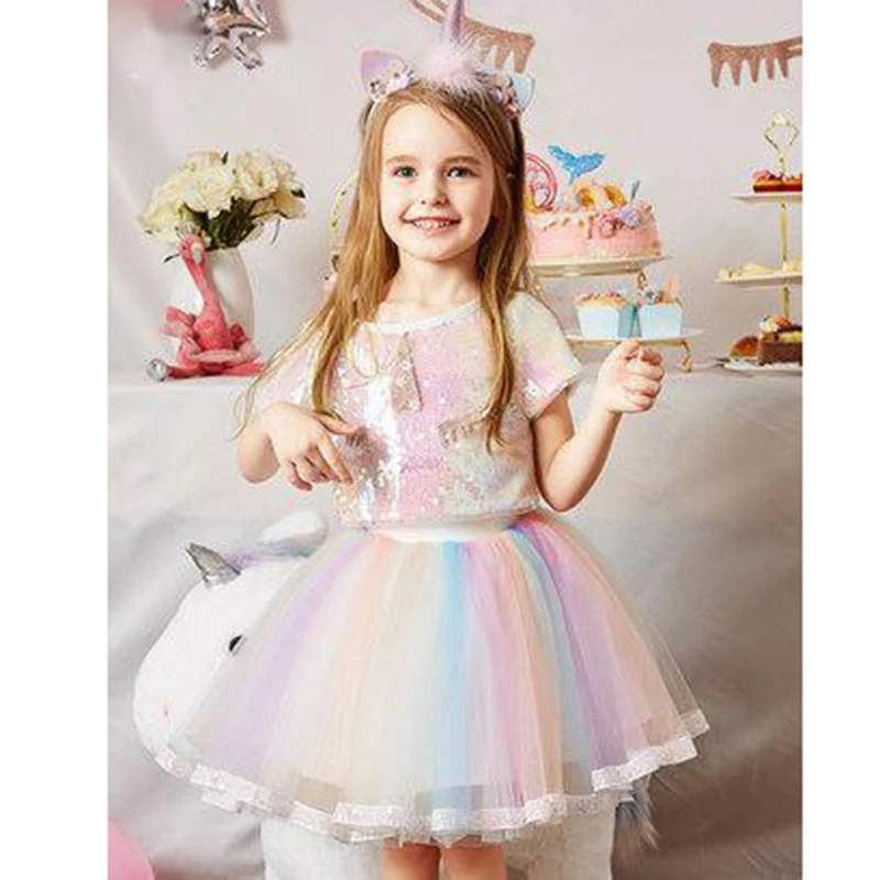 

Kids Gils Clothes Set 2021 New Style Children Girl Clothing Tutu Lace Skirt+Tops 2Pcs Sequined Top Rainbow Mesh Skirt Clothing