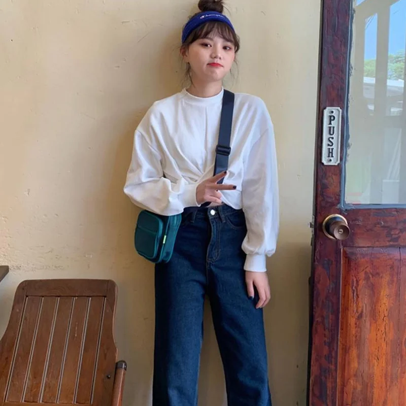 

Sweatshirts Women Spring Crops Simple Fashion Solid Student O-neck Ulzzang Preppy Style Criss-cross Casual High Street Chic Soft