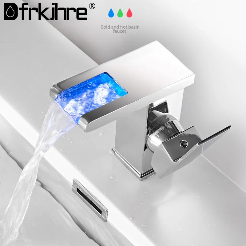 

Bathroom Waterfall LED Basin Faucet Brass Temperature Colors Change Single Handle Mixer Tap Deck Mounted Wash Sink Glass Taps