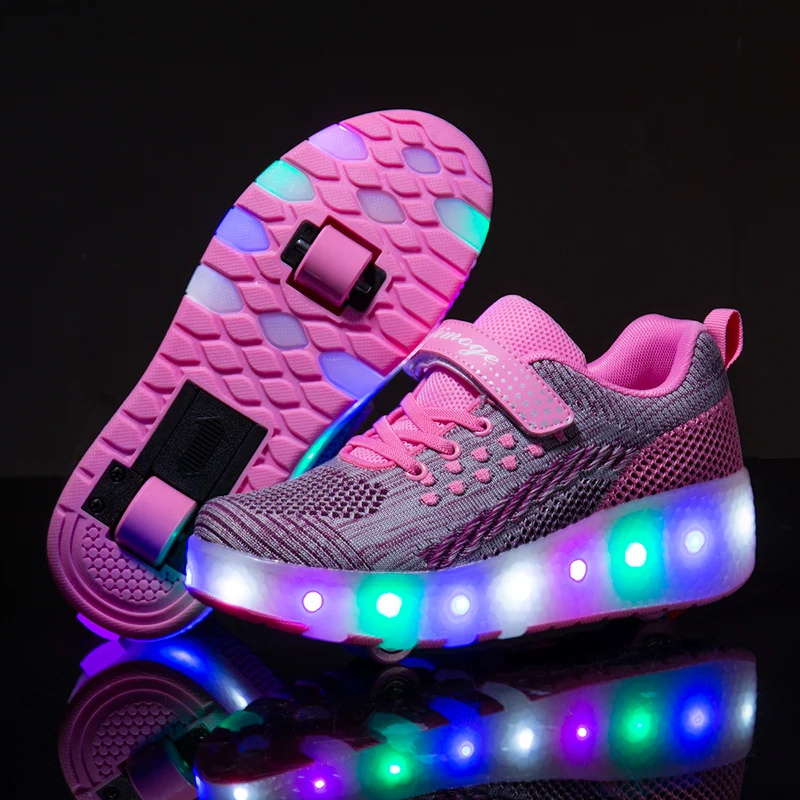 Two Wheels Luminous Sneakers Blue Pink Led Light Roller Skate Shoes for Children Kids Boys Girls Up 28-43 | Детская одежда и обувь