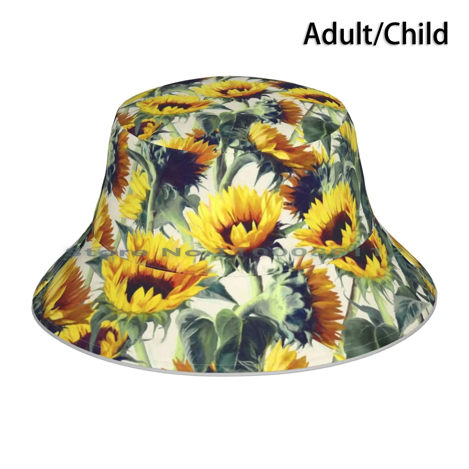 

Sunflowers Forever Bucket Hat Sun Cap Sunflowers Floral Pattern Painted Yellow Olive Green Cream Grey Bright Happy Cheerful