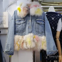 winter denim jacket woman new thick colorful real fox fur short jean coat outer wear warm overcoats femme 2021