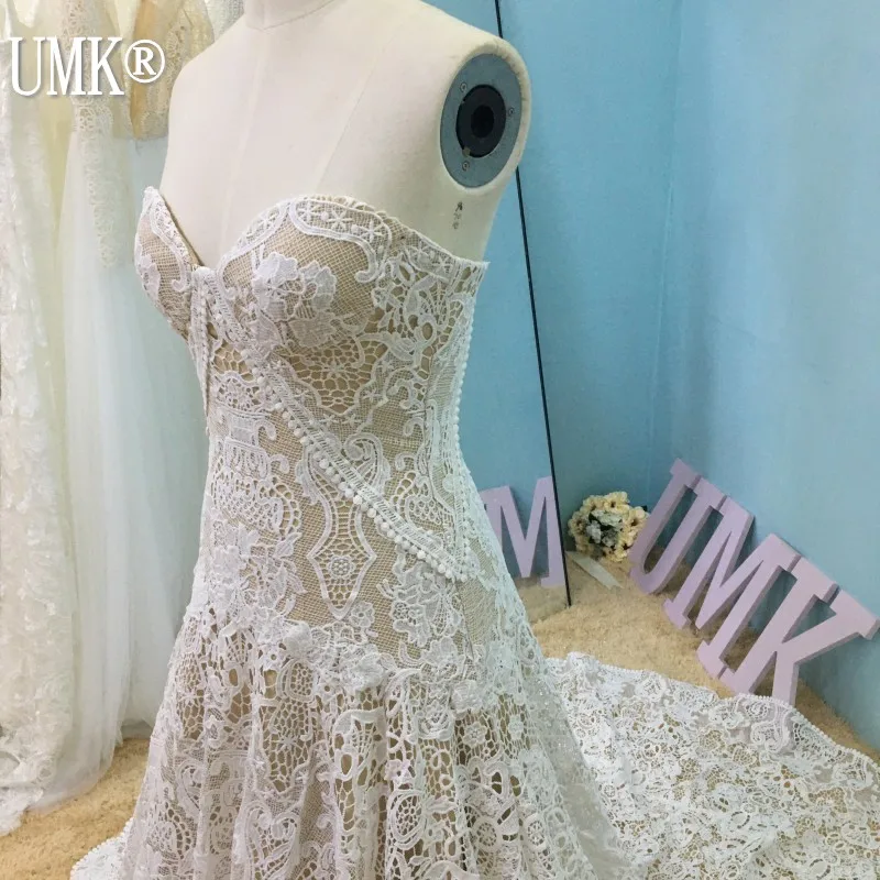 Винтажное кружевное свадебное платье UMK в стиле бохо Пляжное с открытыми плечами