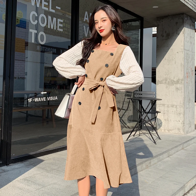 Модное женское платье из двух частей осеннее с квадратным воротником