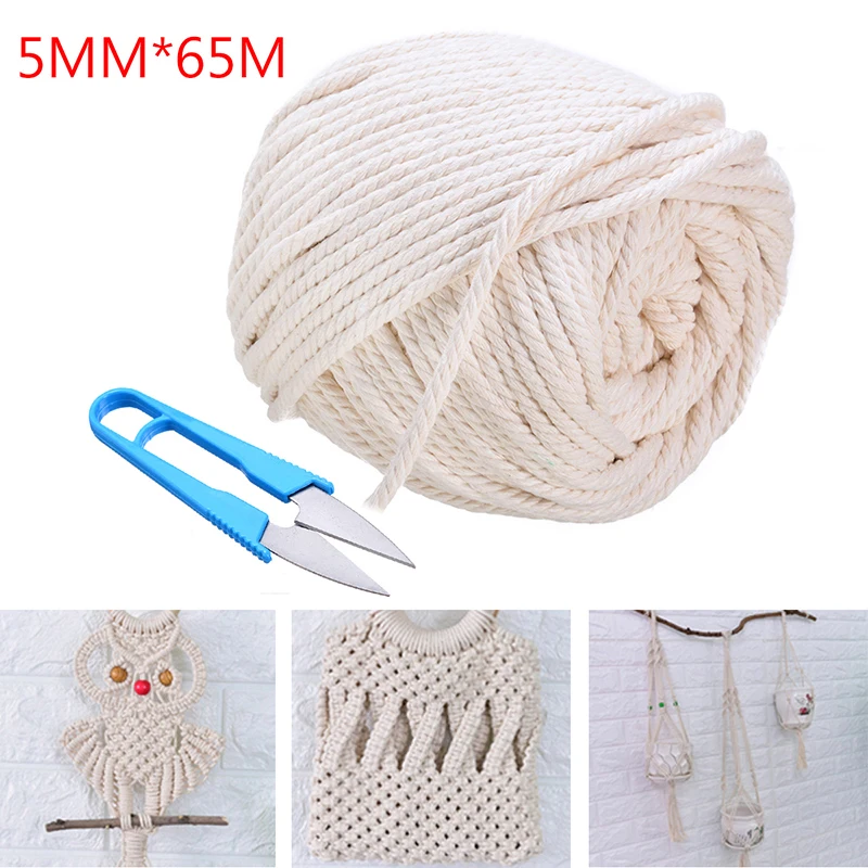 

50-200M Cotton Macrame Rope Natural Beige Twisted Cord Rope +Scissor 2/3/4/5/6mm For Handmade Tapestries Knitting Supplies