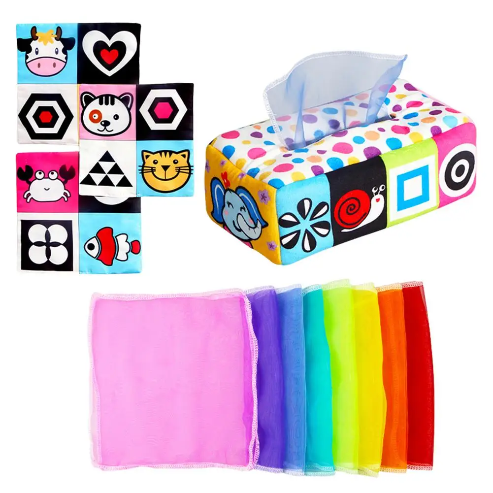 

Tissue Box Sensory Toy Reusable Square Sensory Toys Soft Stuffed Sensory Tissue Box Baby Toy High Contrast Educational Meanin