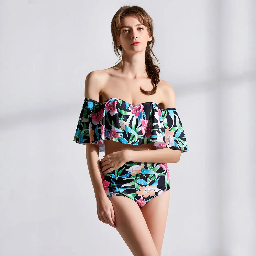 Женский купальник с оборками и открытыми плечами бикини цветочный принт два