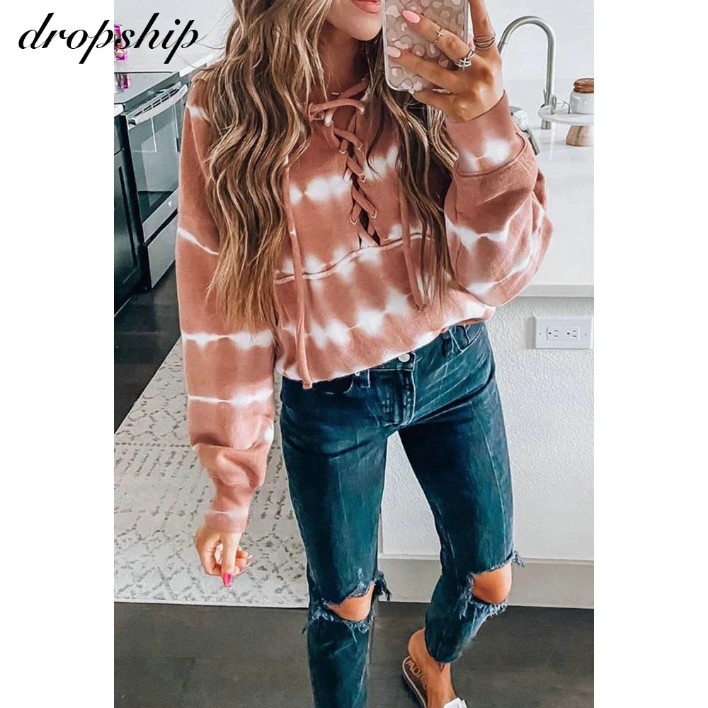 

Autumn Winter Bandage Tie Dye Hoodies Women Sweatshirt Long Sleeve Hoodie Streetwear Stitching Pullovers Lace Up Tops Casualwear