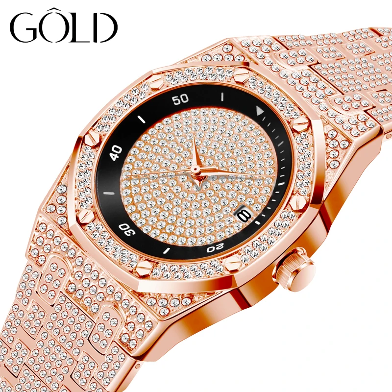 

Brand Fashion Luxury Men's Watch Rose Gold Full Diamond Couple Quartz Watch High Quality Waterproof Clock
