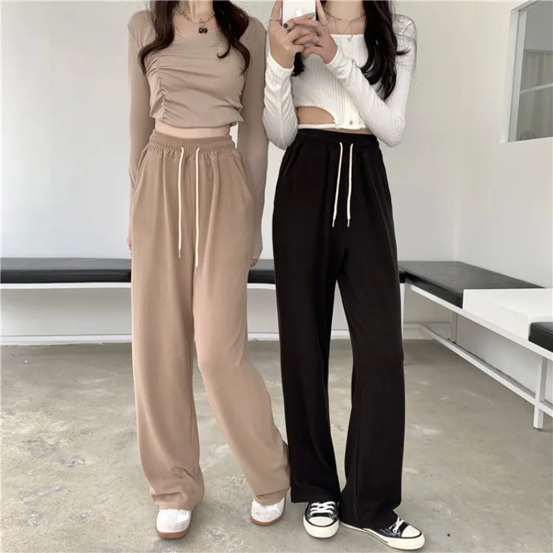 

High Waist Casual Pants for Women Autumn New All-match Sanding Straight Loose Wide Leg Solid Sag Hipster Fashion Trousers