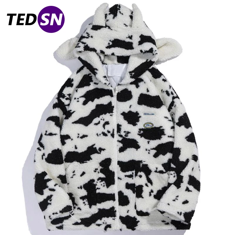 TEDSN Cow Zip Up Coat Jacket Men Women Kawaii Hoodie 2021 Winter Oversize Streetwear Casual Top Wool Cosplay Fashion Clothes