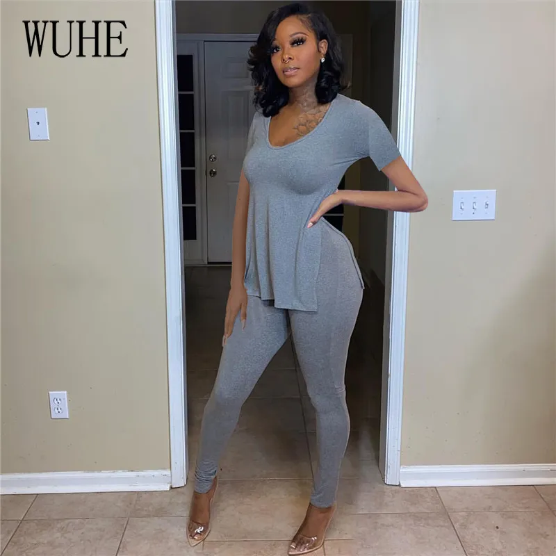 

WUHE Sports Fitness Tracksuit Two Piece Deep V Neck Short Sleeve Side Split Crop Top and Skinny Pencil Pants Casual Outfits