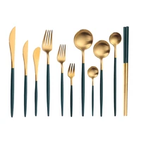 304 stainless steel dinnerware set green gold matte cutlery set salad fork spoon butter knife chopsticks teaspoon dessert fork