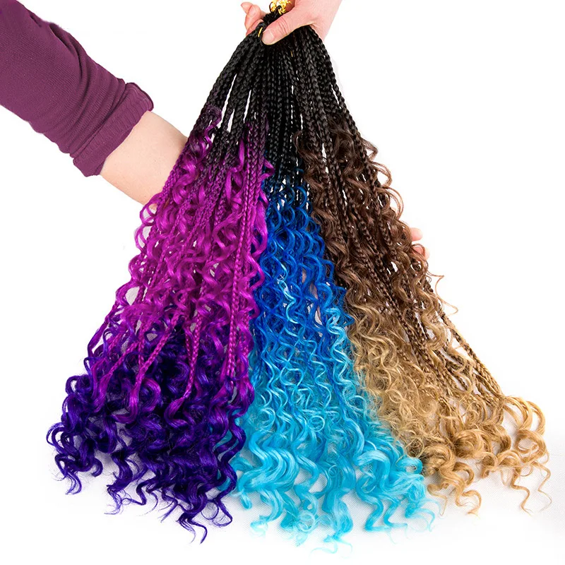 

24Inch Box Braids Hair Boho Braids Ombre Synthetic Curly Crochet Braiding Hair Extension Messy Goddess Black Brown