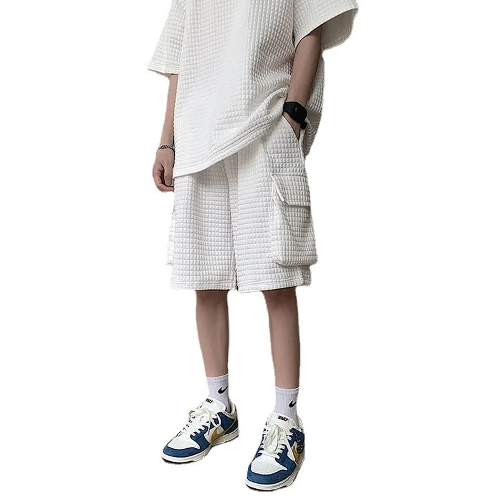 

Brand High Quality 2 Piece Suit for Man Summer Thin Waffle Set Big Pocket Jacket Man Streetwear Hip Hop mens fashion clothing