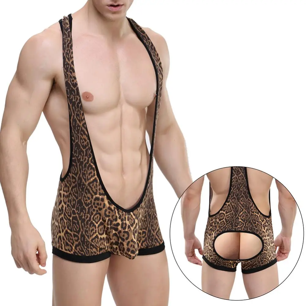 

Men's Jockstrap Leopard Print Underwear Jumpsuit Wrestling Singlet Bodysuit